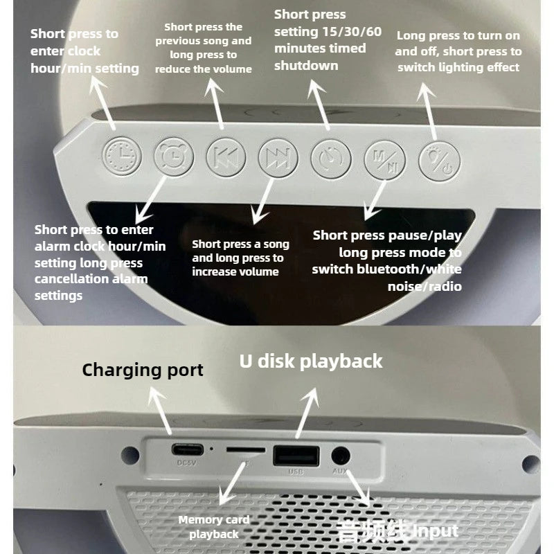 蓝牙音箱 彩色氛圍燈 闹钟 无线充电 夜灯 多功能桌面蓝牙音箱。