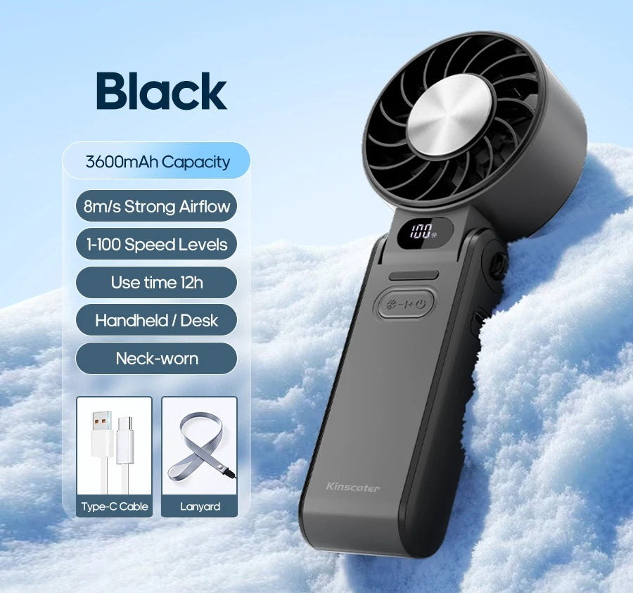户外折叠便携手持风扇迷你制冷可充电3600毫安100级无级调节高速涡轮风扇